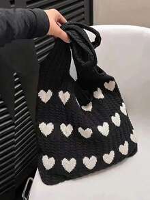 1pc Heart Contrast Color Knitted Tote Bag, Large Capacity Fashion Beach Bag, Versatile For Commuting, Summer Outfits - Multicolor - View 16
