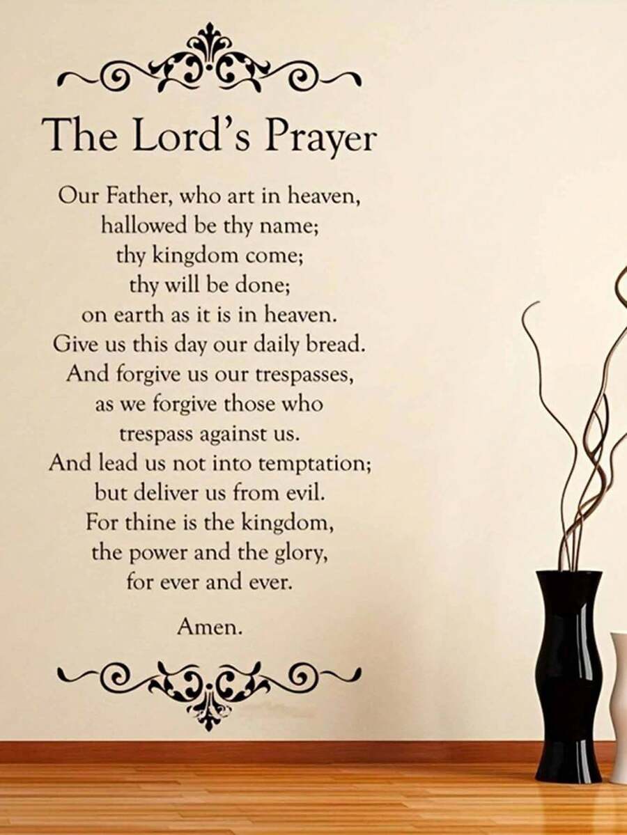 1pc Lord's Prayer - Elegant Black And White Christian Wall Decal With Floral Design, Self-Adhesive Vinyl Sticker For Bedroom, Living Room, Office Decor | Floral Wall Art | Decorative Text, The Lord's Prayer - Black - View 1