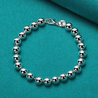 925 Silver Plated 8MM Smooth Beaded Chain Bracelet For Women Wedding Party High Quality Fashion Charm Gifts Jewelry
