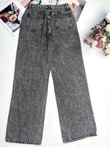 Fashion Women Loose Fit Straight Leg Denim Pants Casual Retro Versatile Daily Commute Trousers - Grey - View 7
