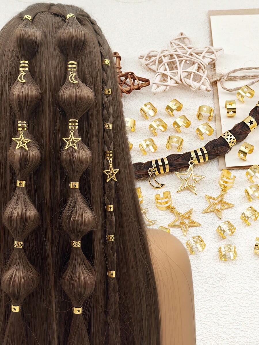 45pcs Star & Moon Metallic Hair Accessories Set, Suitable For Braids, Scrunchies, Dreadlocks, For Women & Girls To Wear On Parties And Festivals, Claw Clips, Hair Slide, Hair Barrettes, Head Accesssories - Gold - View 1