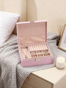 1个带钥匙锁的优雅首饰盒，大容量，配有可拆卸托盘，可放置耳环和手镯，柔软的天鹅绒内衬，仿皮外层——送给女性的绝佳礼物，防水双层PU皮革首饰收纳盒，带锁，便携式首饰展示架，手表盒 - 彩色 - 查看 5