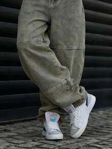 男士撞色水洗宽松阔腿牛仔裤，拼接时尚街头风格休闲裤，四季皆宜 - 棕色 - 查看 3