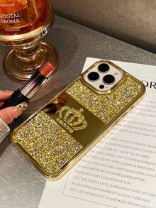 1 pieza Funda de teléfono con corona grabada con láser, con diamantes de imitación chapada en metal, compatible con iPhone 17 Pro Max, 16, 15, 14, 13, 12, 11 - Dorado - Ver 2