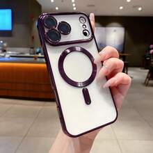 Fashion Electroplated Color Frame Magnetic Phone Case For IPhone 17/16/15/14/13/12/11 Pro/Pro Max/Air/Plus | Ultra-Thin & Shockproof With Crystal Clear Back, Built-In Lens Protection & Wireless Charging - 紫色 - 查看 3