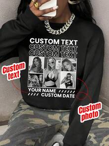Customized Crew Neck Long Sleeve Sweatshirt, Suitable For Valentine's Day, Everyday Wear, Family Gatherings - Black - View 1