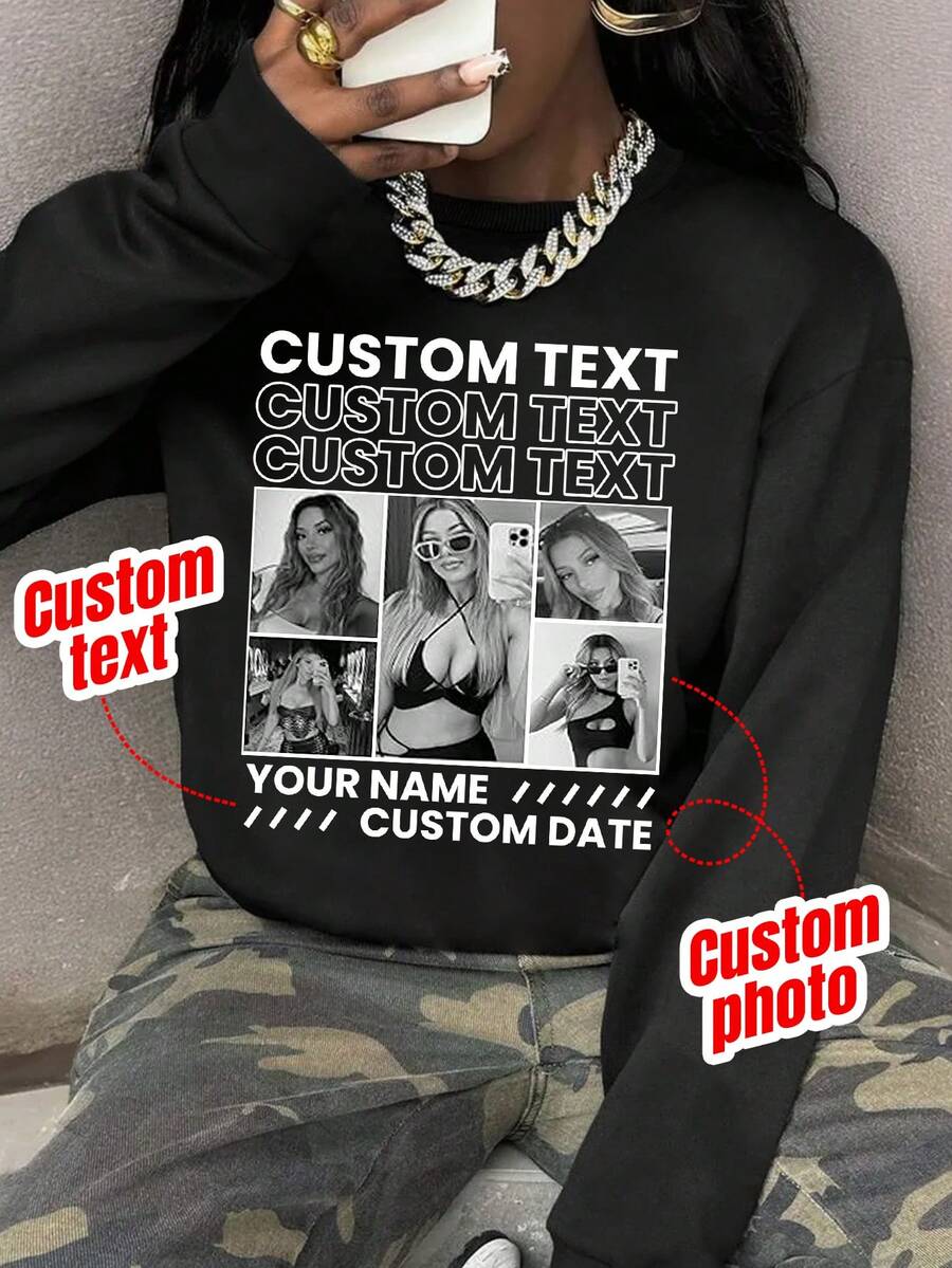 Customized Crew Neck Long Sleeve Sweatshirt, Suitable For Valentine's Day, Everyday Wear, Family Gatherings - Black - View 1