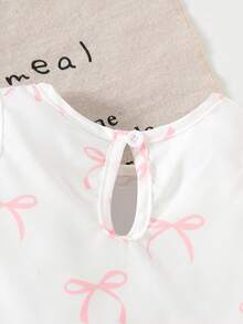 2 peças/Conjunto Casual Doce de Meninas Bebê com Estampa de Laço, Regata com Laço + Shorts Jacquard Confortáveis, Conjunto de Verão para Férias - Rosa chiclete - Visão 4