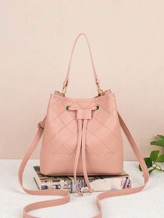 Women's Drawstring Bucket Bag, Rhombus Pattern, Large Capacity, Versatile, New Fashion Handbag, Shoulder Bag