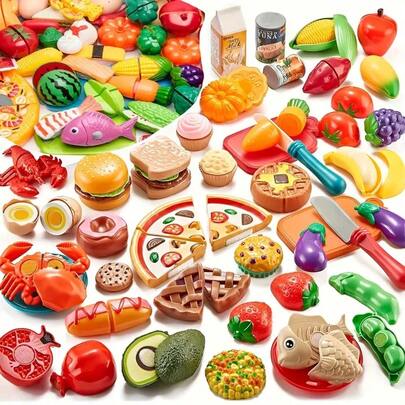 Marphy 18/24pcs Reusable Realistic Fruit & Vegetable Kitchen Toy Set - Lifelike Role Play Toys, Parent-Child Interaction & Learning, Hand-Eye Coordination Development, Birthday Party Gift, Pretend Play Toys Without Sharp Edges