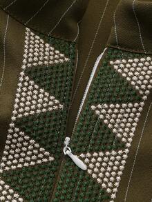 2pcs Men's Wedding Suit Set, Waist Cinched Pants, Striped Long Sleeve Shirt, African Formal Attire - Olive Green - View 7