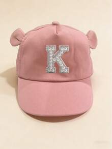 1顶婴儿可爱珍珠26字母棒球帽，幼儿可爱耳朵工艺字母设计风格，男婴韩流风格后扣帽，男女童遮阳帽，1-3岁 - 粉色 - 查看 7
