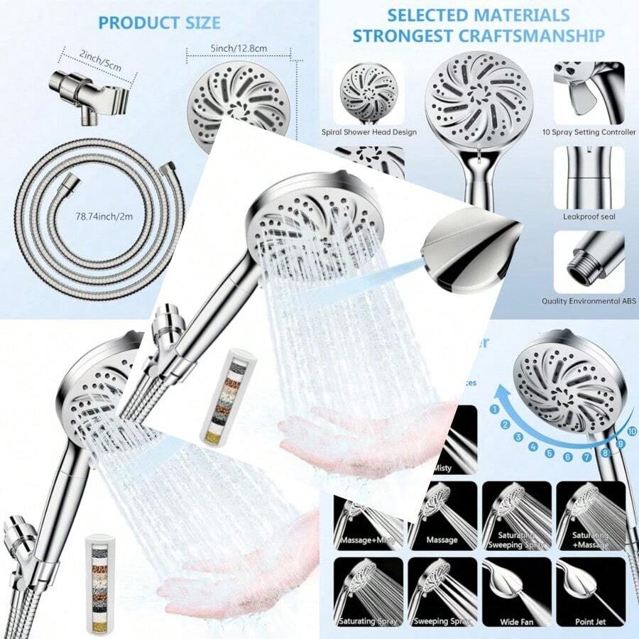 htyRegaderas para Baño 8+2 Modos Cabezal de Ducha de Mano Alta Presion con Funcion de Masaje y Filtro de Agua Suave Regadera de Telefono para Baño con Manguera de 2 Metros y Soporte Ajustableyfg - Plateado - Ver 1