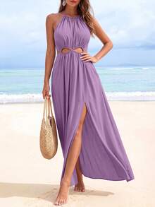 Women Summer Sleeveless Halter Dress Hollow Out Cutout Slit Flowy Long Dress Bohemian Party Cocktail Beach Holiday Vacation Boho Valentine Maxi Dress Sundress Outfits - 紫色 - 查看 5