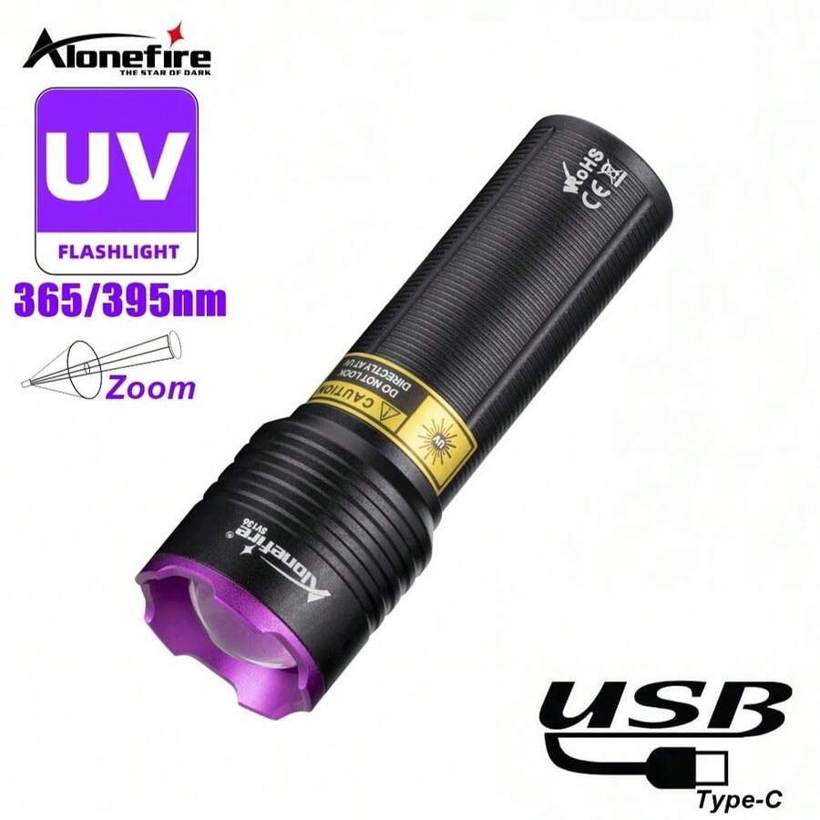 Alonefire Zoomable UV Flashlight 395nm/365nm USB Rechargeable - Nail Curing Mineral Currency Detector Pet Urine Scorpion Ringworm Invisible Ink Pen Fluorescent Light