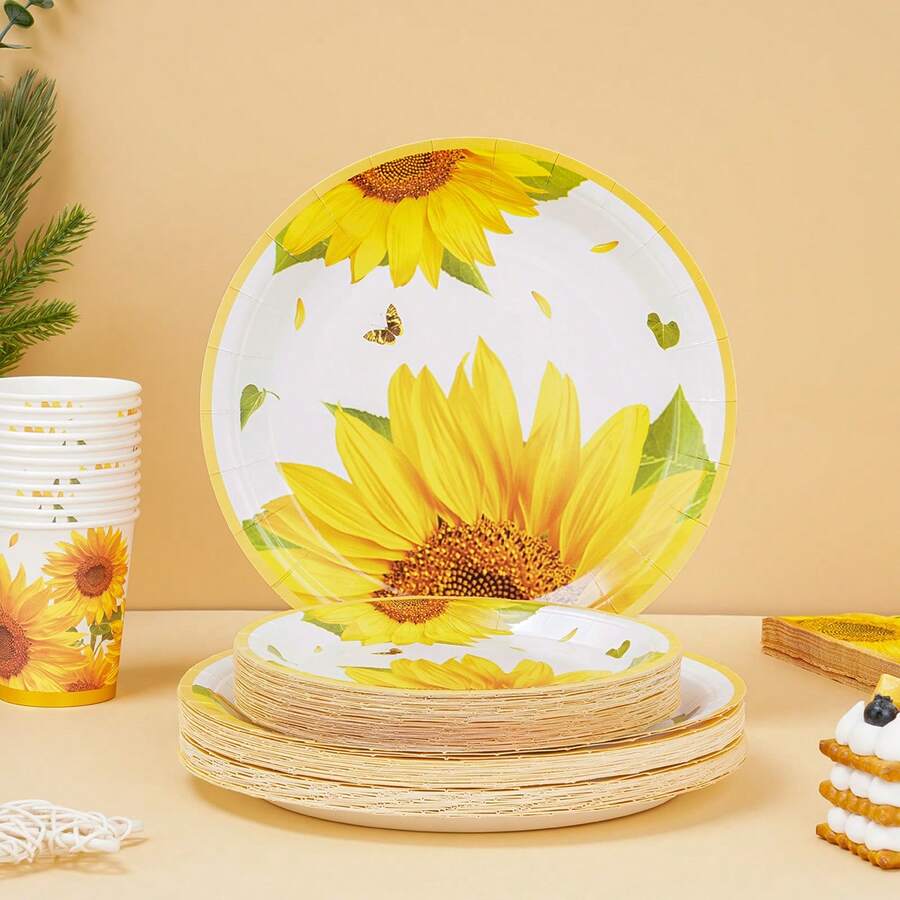 7/9 Inch Sunflower Gold Rim Disposable Plate Set, Includes Paper Plates, Cups, And Napkins, Suitable For Wedding, Engagement, Birthday Party, Wedding Reception Tableware - Multicolor - View 1