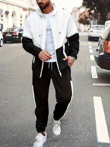 Men's Fashionable Casual Colorblock Tracksuit - Polyester Hooded Jacket And Pants, Machine Washable Sports - Black - View 4