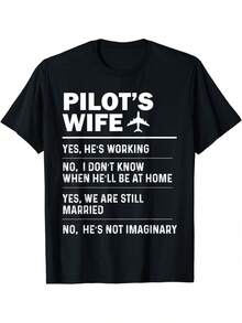Funny Pilot's Wife Aviation Humor T-Shirt - Heavyweight 100% Oversized Unisex Tee With Airplane & Pilot Sayings, Airline Pilot Husband Gift For Wife, Casual Round Neck All-Season Comfort Fit (Men's & Women's Sizes Available) - Machine Washable Aviation Enthusiast Apparel - 黑色 - 查看 2