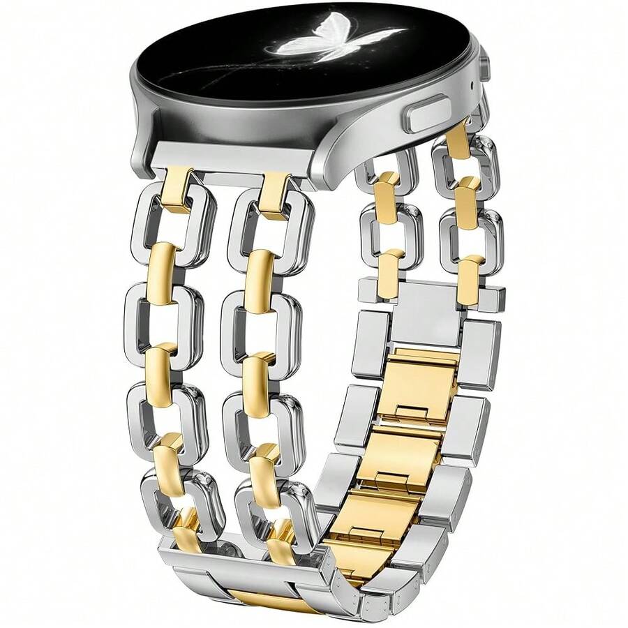 Wearlizer Metal Band Compatible With Samsung Galaxy Watch 7 6 5 4 FE Active 2 40mm 44mm/Watch 6 4 Classic 43mm 47mm 42mm 46mm/Watch 5 Pro 45mm Bands, 20mm Dressy Stainless Steel Chain Strap Women,Silver/Gold - 銀/金 - 查看 1
