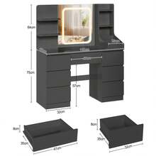 Devoko Vanity Unit With LED Lighting, 3-Stage Brightness Control, Vanity Unit With Adjustable Mirror, 7 Drawers And Open Shelves, Modern Wooden Dressing Table For The Bedroom, Stylish Contemporary Design, Stepless Dimming, White/Pink/Black - 黑色 - 查看 8