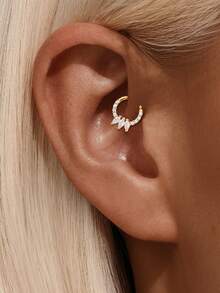 1Pc 925 Sterling Silver Classic Geometric Elements Cubic Zirconia Helix Hoop Hypoallergenic Pure Silver Nose Piercing Suitable For Women For Daily, Dates, Vacation, Wedding, Party, Holiday Gift - Gold - View 3