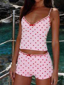Women Cute 2 Piece Pj Set Heart Print Bow V Neck Cami Top And Shorts Valentine's Day Pajama Sets Sleepwear Loungewear  Valentine Outfits For Women - 降紅色 - 查看 3