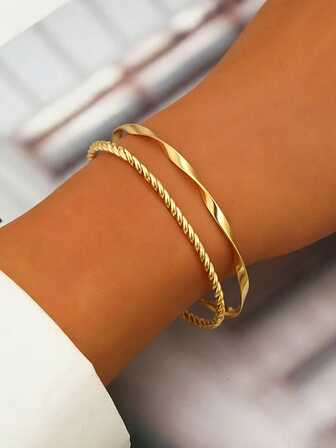 不锈钢扭绳/扭绳开口手镯 | 金色编织纹理 + 金色珠饰。日常叠戴，打造复古奢华造型。男女皆宜的百搭配饰。