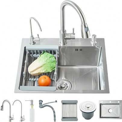 Fregadero De Cocina, Fregadero De Barra Acero Inoxidable 55 * 45 * 21cm, Fregaderos De Cocina Sobreponer con Dispensador deón para Baño, Cocina, Bar