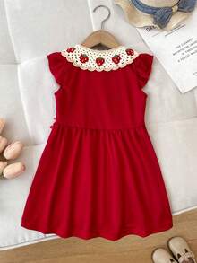 女童休闲时尚格子刺绣领短袖草莓印花连衣裙，夏季 - 紅色 - 查看 2