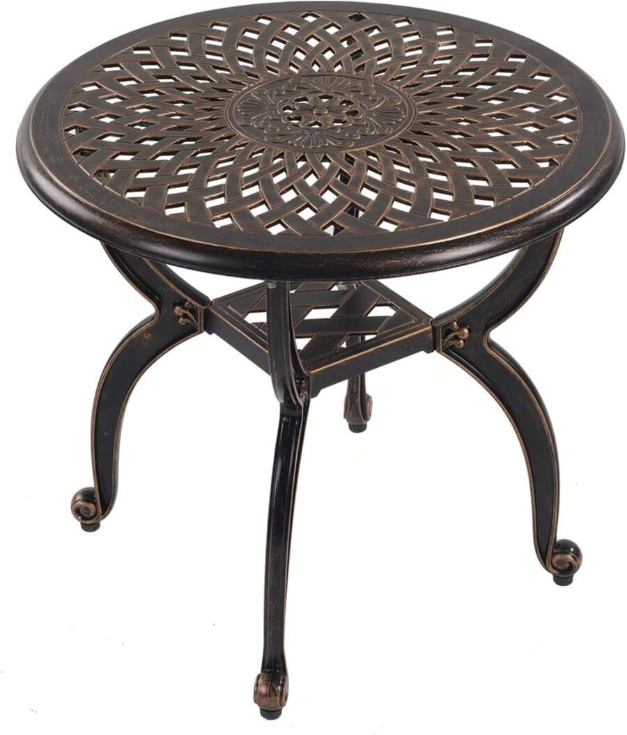 Mesa auxiliar de aluminio fundido para exteriores, redonda, pequeña, todo clima, mesa de café para patio, parque, césped, jardín (53 bronce) - 18,5" Negro - Ver 1