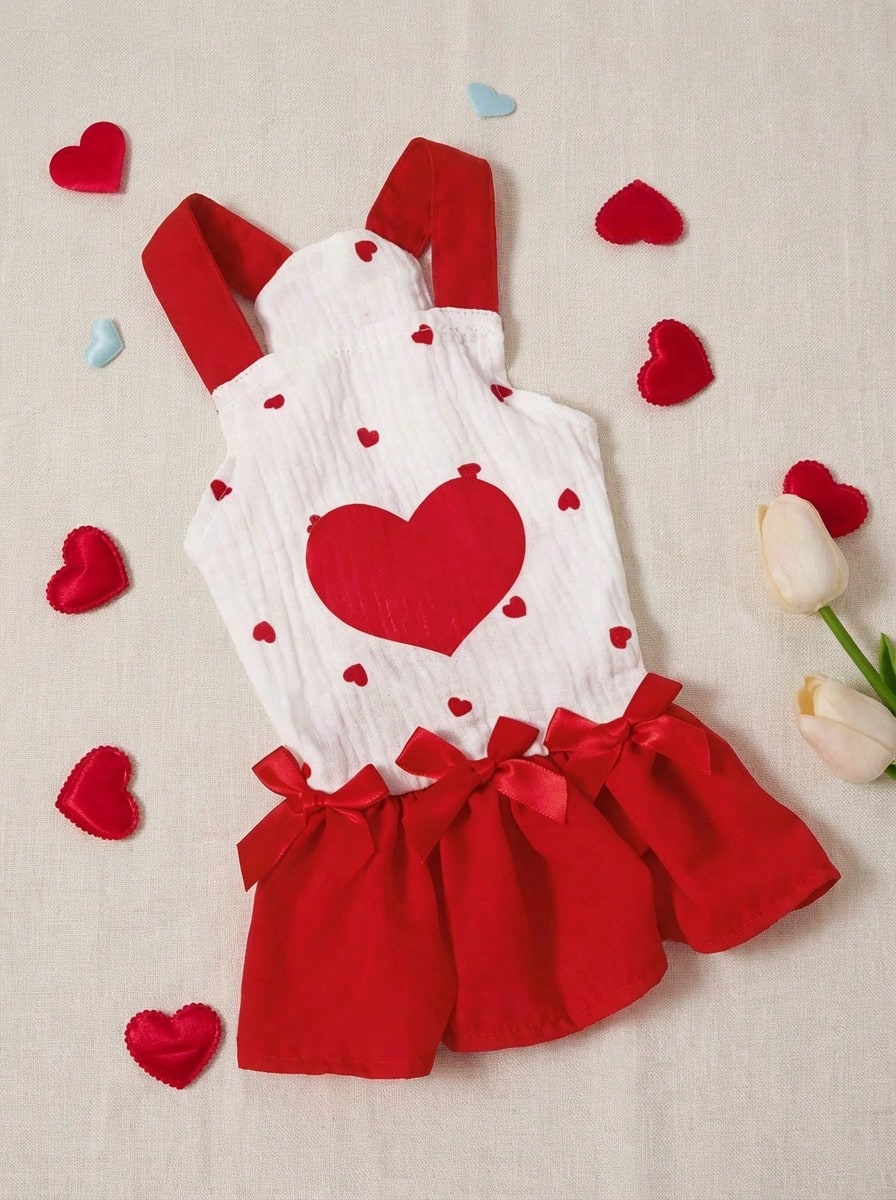 PETSIN Ngày lễ tình nhân Tim In Đầm Với Bowknot Đối với Thú cưng Mèo/chó - Đỏ và trắng - Xem 1