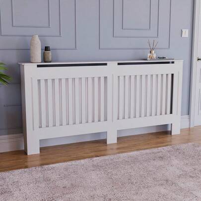 Radiator Cover White Cabinet With Modern Vertical Slatted, Wooden Heater Cover With Grill Shelf, Modern Painted MDF Wood Radiator Cabinet, Decorative Heating Cover For Living Room, Bedroom, Hallway  (172 * 82 * 19cm(H*W*D))