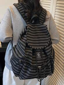 Women's Fashion Striped Drawstring Flap Backpack, Large Capacity Multi-Pocket Design With Laptop Compartment, Casual Campus Student Youth Travel Commuter Backpack - Multicolor - View 11