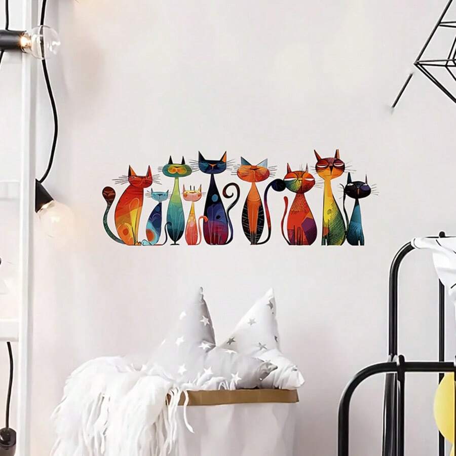 2D彩色猫咪PVC贴纸 | 自粘式，多用途，适用于墙壁、笔记本电脑、摩托车、窗户、墙面、卡通、动物、奇幻主题墙贴 - 彩色 - 查看 1