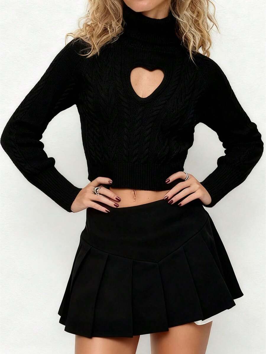 Women Y2K Heart Cut-Out Sweater Turtleneck Cable Knit Long Sleeve Sweaters 2026 Valentine's Day Pullover Tops - Black - View 1
