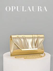 OpulAura 简约褶皱金色皮革信封手拿包，闪亮金色皮革派对包，优雅金属杆装饰，适合晚宴、婚礼、派对、庆典等场合，是送给她的绝佳礼物，也是情人节的理想之选。 - 金色 - 查看 1