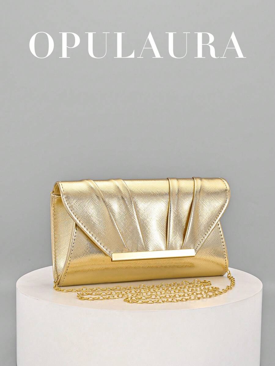 OpulAura 简约褶皱金色皮革信封手拿包，闪亮金色皮革派对包，优雅金属杆装饰，适合晚宴、婚礼、派对、庆典等场合，是送给她的绝佳礼物，也是情人节的理想之选。 - 金色 - 查看 1