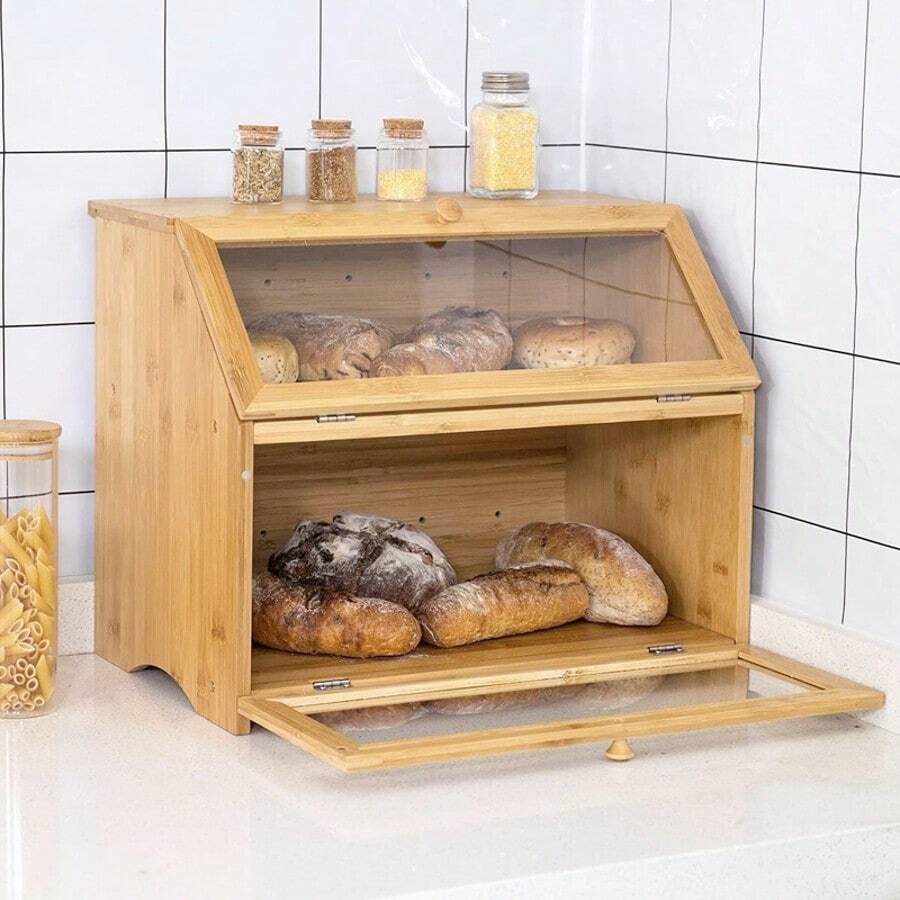 Bamboo Wooden Bread Bin Lift Up Lid Food Loaf Storage Container Box Counter Rack - Brown - View 1