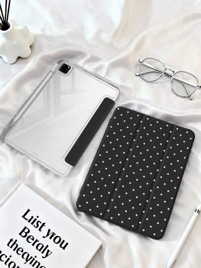 1 pieza Funda protectora plana de acrílico transparente con puntos negros, compatible con Mini6/Mini7/Air/Air2/9.7/9th10.2/10.5/Air4/Air5/10.9/Pro11/10th/11th(A16)/Air 11-In.(M2)-2024/Pro11(M4) 2024, carcasa de acrílico de alta transparencia, diseño minimalista/clásico, el producto no incluye el lápiz óptico, algunos modelos con marco de lente, soporte plegable de tres pliegues, ranura incorporada para el lápiz óptico