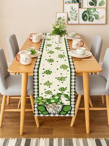 1 Pc St. Patrick'S Day Table Runner With Lucky Four-Leaf Clover Cute Cat And Goblin Pattern Holiday Party Restaurant Kitchen Tablecloth - Sprout Green - View 1