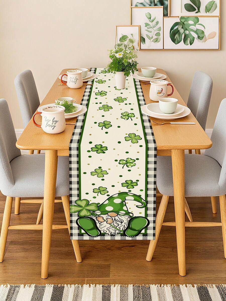 1 Pc St. Patrick'S Day Table Runner With Lucky Four-Leaf Clover Cute Cat And Goblin Pattern Holiday Party Restaurant Kitchen Tablecloth - Sprout Green - View 1
