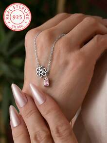 Customized 925 Sterling Silver Pendant Necklace, Adorned With Birth Flower And Birthstone - A Personalized Gift For Mother, Grandmother, Partner, Best Friend And Family - Perfect For Birthday, Mother's Day, Anniversary And Other Occasions - Suitable For Daily Wear Or Special Events As Fashionable Jewelry - Multicolor - View 3