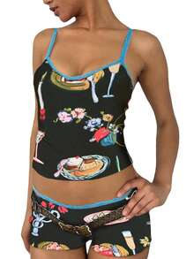 Women's  Satin Shorts Pajama Set Sleeveless V Neck Camisole And Shorts Y2k Leopard Print Lace Trim Sleepwear Loungewear Shiny Backless Low Cut Summer Two Piece Pjs Sets - 花色 - 查看 2