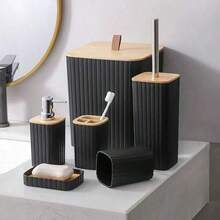 4/6pcs Luxury Wooden Bathroom Set | Housewarming Gift | Includes Toothbrush Holder, Trash Can, Soap Dispenser, Toilet Brush Holder, Soap Dish | Reusable Bathroom Accessories - Multicolor - View 1