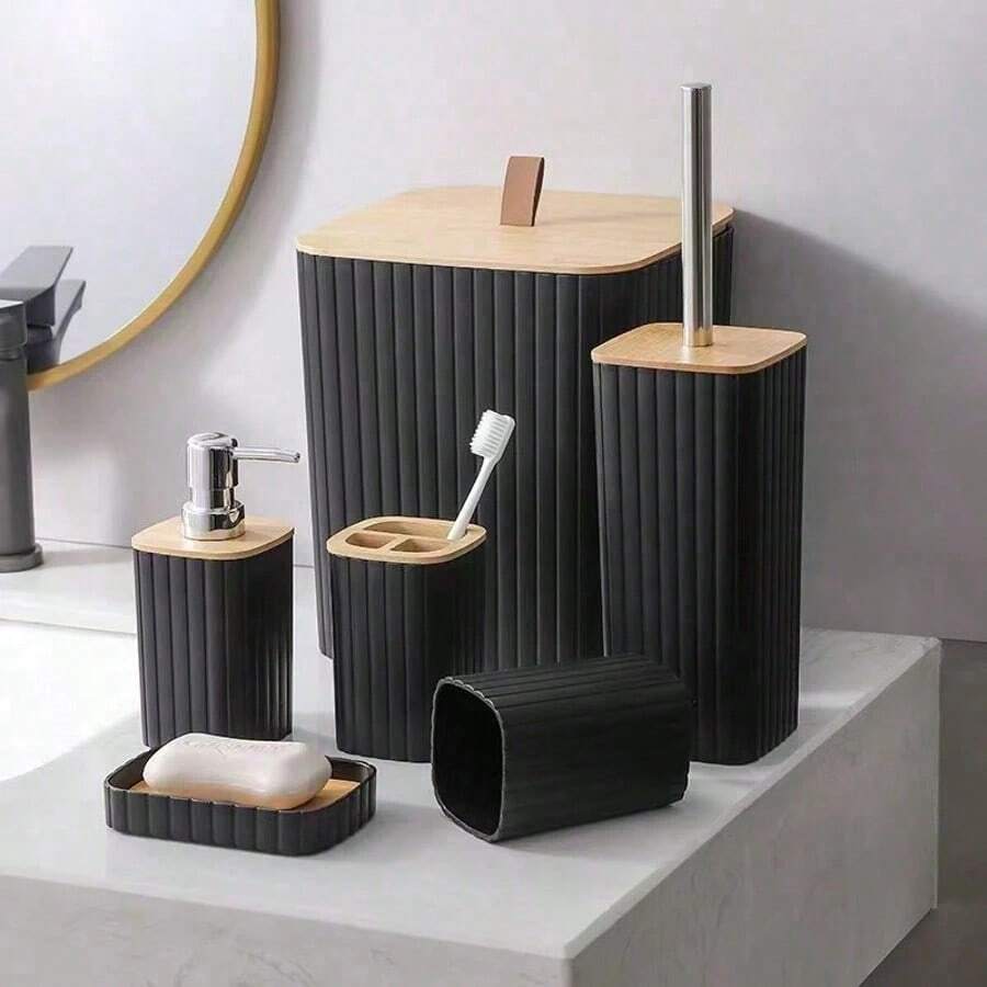 4/6pcs Luxury Wooden Bathroom Set | Housewarming Gift | Includes Toothbrush Holder, Trash Can, Soap Dispenser, Toilet Brush Holder, Soap Dish | Reusable Bathroom Accessories - Multicolor - View 1