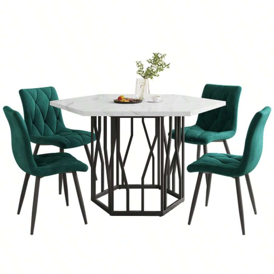 Dining Table And Chair Set (5-Piece Set), Modern Hexagonal Marble Dining Table + 4 Dining Chairs In Green Velvet To Create A Warm And Modern Restaurant - 黑與白 - 查看 1