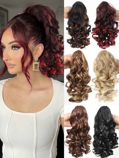 短款爪夹卷曲马尾接发，黑棕金渐变红色经典蓬松卷曲波浪夹式接发，合成假发，女士日常佩戴，1个装