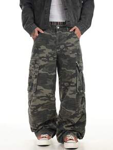 1件装 Justice Brother 街头迷彩多口袋宽松阔腿牛仔裤，男士休闲街头服饰 - 軍綠色 - 查看 6