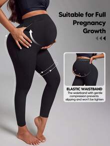 Maternity High Waist Elastic Comfortable Casual Pants With Pockets - Black - View 3