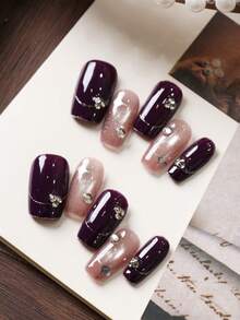 10pcs Acrylic Press On Nails Purple; Light Coffee Cat's Eye Star Fake Nails Short Office DailyWear False Nails Artificial Nails Kit Includes 1sheet Adhesive Tabs &1 Pc Mini File - Multicolor - View 3